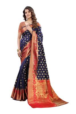 Blue woven banarasi silk saree with blouse 1
