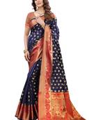 Blue woven banarasi silk saree with blouse