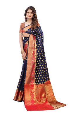 Blue woven banarasi silk saree with blouse 2