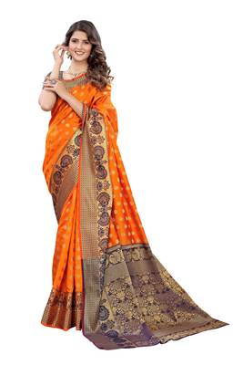 Orange woven banarasi silk saree with blouse 1