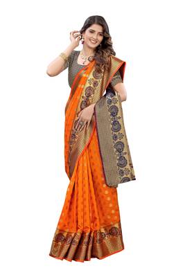 Orange woven banarasi silk saree with blouse 3