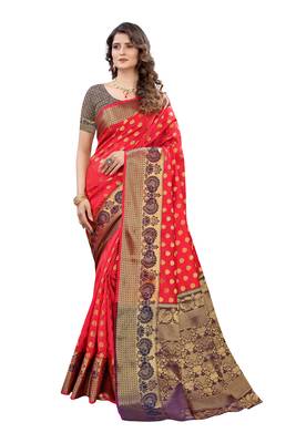 Red woven banarasi silk saree with blouse 1