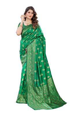 Green woven banarasi silk saree with blouse 1