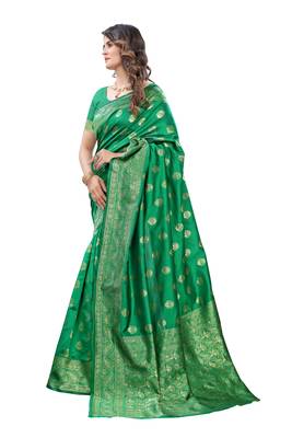 Green woven banarasi silk saree with blouse 2