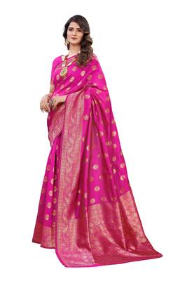 Pink woven banarasi silk saree with blouse 2