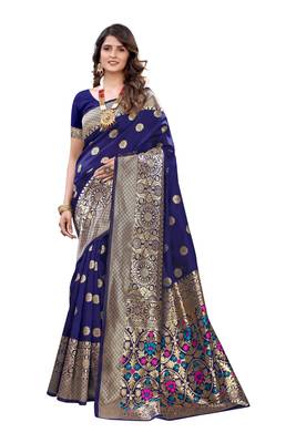 Blue woven banarasi silk saree with blouse 1