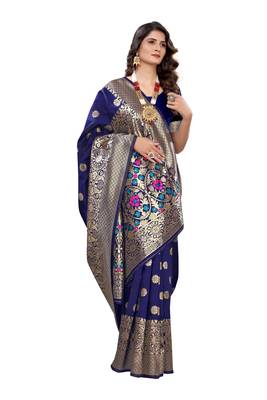 Blue woven banarasi silk saree with blouse 4