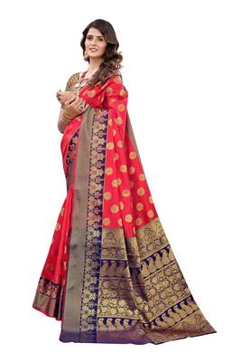Red woven banarasi silk saree with blouse 2