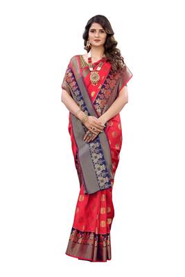Red woven banarasi silk saree with blouse 3