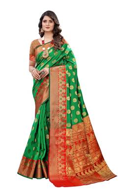 Green woven banarasi silk saree with blouse 1