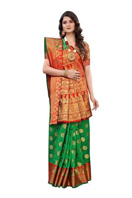 Green woven banarasi silk saree with blouse 3