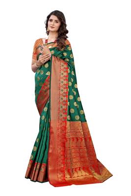 Green woven banarasi silk saree with blouse 1