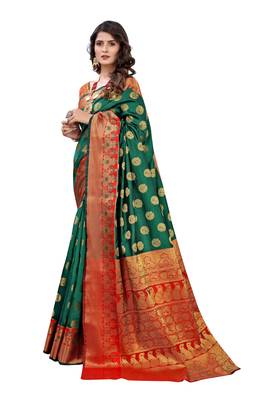 Green woven banarasi silk saree with blouse 2