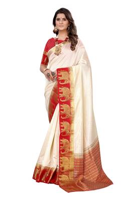 Off white woven kanchipuram silk saree with blouse 1