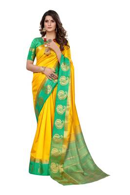 Yellow woven kanchipuram silk saree with blouse 1
