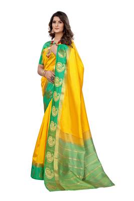 Yellow woven kanchipuram silk saree with blouse 2