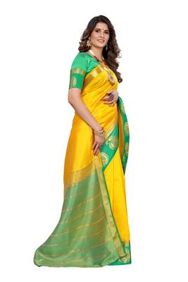 Yellow woven kanchipuram silk saree with blouse 3