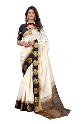 Off white woven kanchipuram silk saree with blouse 1