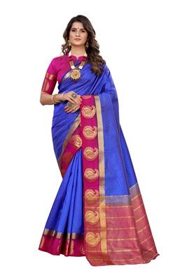 Blue woven kanchipuram silk saree with blouse 1