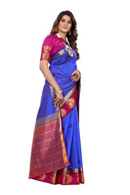 Blue woven kanchipuram silk saree with blouse 3