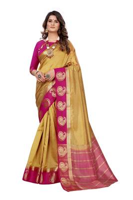 Beige woven kanchipuram silk saree with blouse 1
