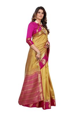 Beige woven kanchipuram silk saree with blouse 3
