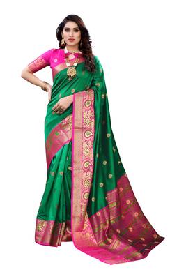Green woven banarasi cotton saree with blouse 1