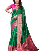 Green woven banarasi cotton saree with blouse