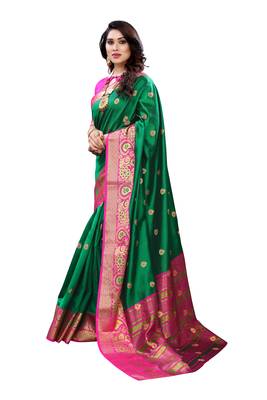 Green woven banarasi cotton saree with blouse 2