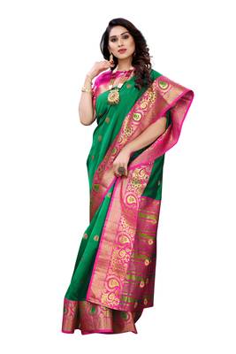 Green woven banarasi cotton saree with blouse 3