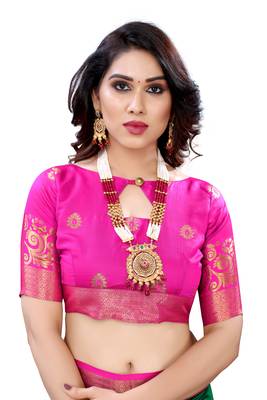 Green woven banarasi cotton saree with blouse 4