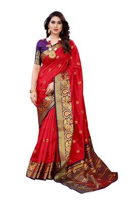 Red woven banarasi cotton saree with blouse 1