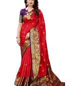 Red woven banarasi cotton saree with blouse