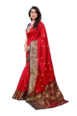 Red woven banarasi cotton saree with blouse 2