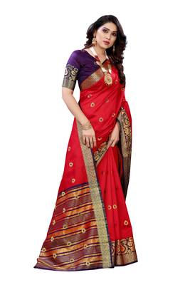Red woven banarasi cotton saree with blouse 3