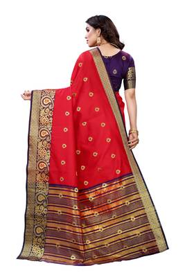 Red woven banarasi cotton saree with blouse 4