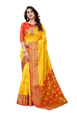 Yellow woven banarasi cotton saree with blouse 1