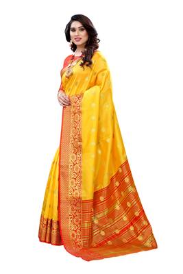 Yellow woven banarasi cotton saree with blouse 2