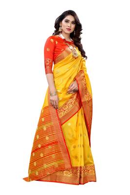 Yellow woven banarasi cotton saree with blouse 3