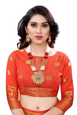 Yellow woven banarasi cotton saree with blouse 4