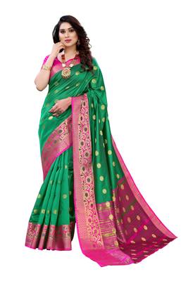 Green woven banarasi cotton saree with blouse 1