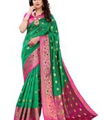 Green woven banarasi cotton saree with blouse