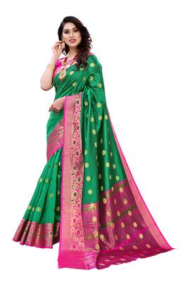 Green woven banarasi cotton saree with blouse 2