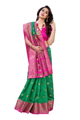Green woven banarasi cotton saree with blouse 3