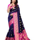 Blue woven banarasi cotton saree with blouse