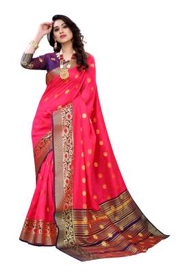 Pink woven banarasi cotton saree with blouse 1