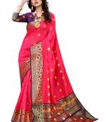 Pink woven banarasi cotton saree with blouse