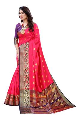 Pink woven banarasi cotton saree with blouse 2