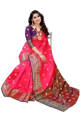 Pink woven banarasi cotton saree with blouse 3