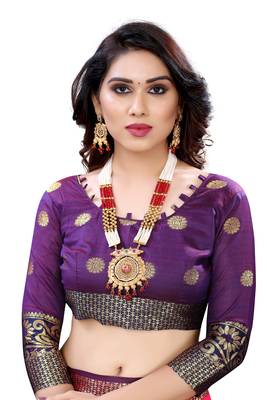 Pink woven banarasi cotton saree with blouse 4
